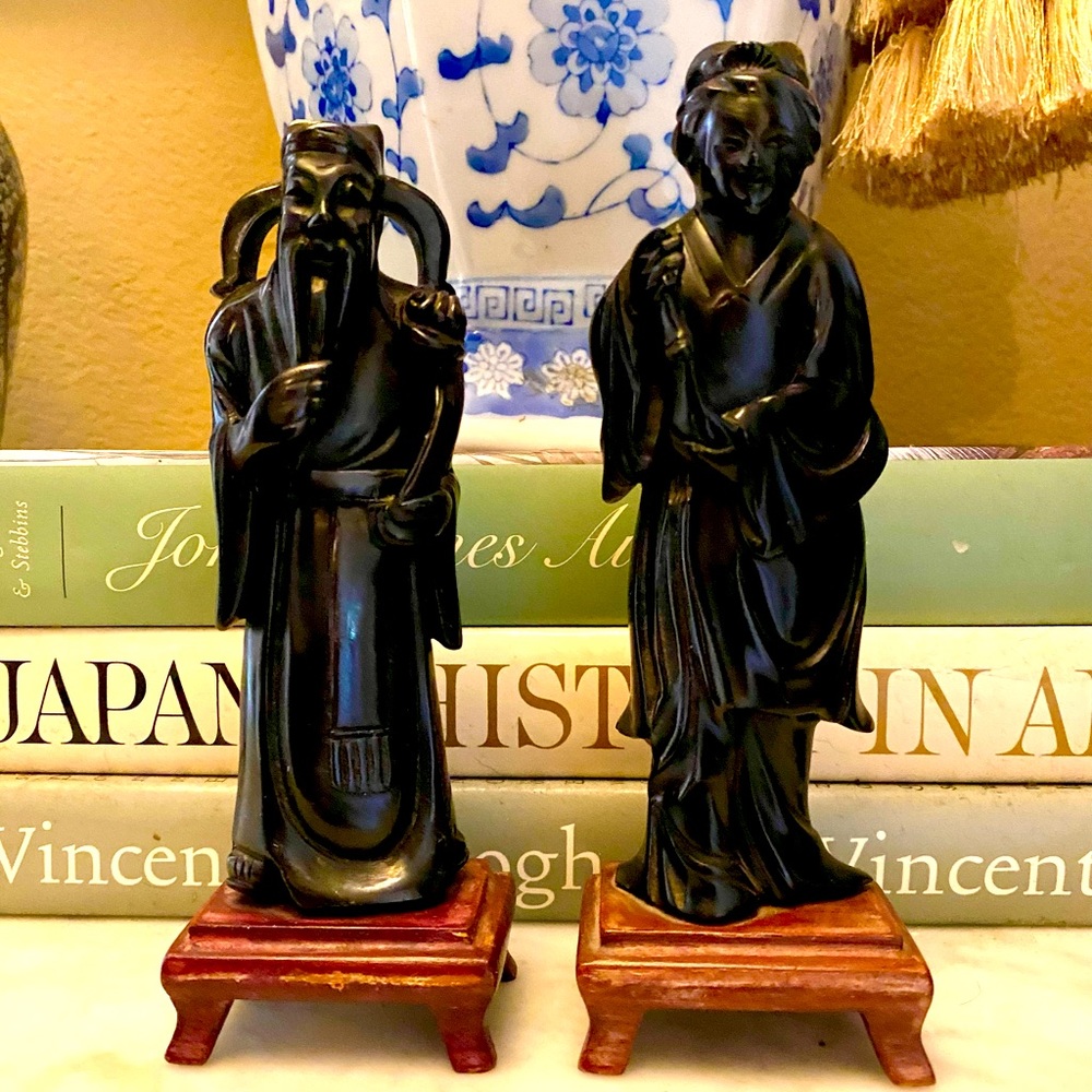 Pair Hand Carved Resin Japanese Figurines Vintage Asian Man & Woman 6 1/2” Tall